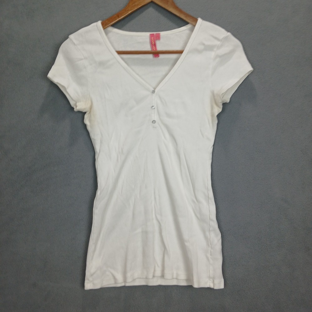 Charlotte‎ Tarantola T Shirt Womens Large White Ribbed Cap Sleeve Henley Neck